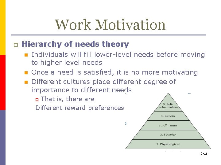 Work Motivation p Hierarchy of needs theory n n n Individuals will fill lower-level