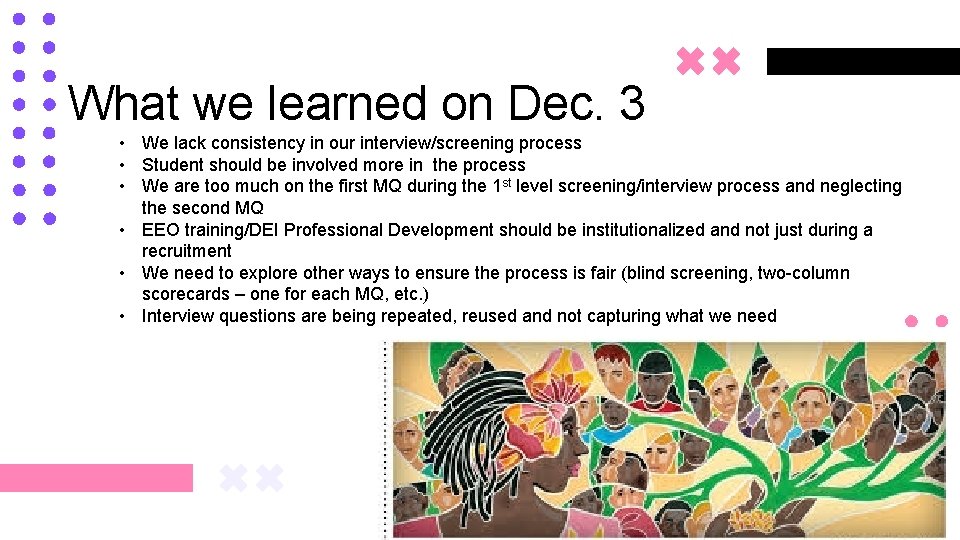 What we learned on Dec. 3 • We lack consistency in our interview/screening process