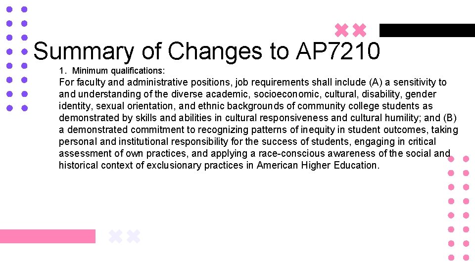 Summary of Changes to AP 7210 1. Minimum qualifications: For faculty and administrative positions,