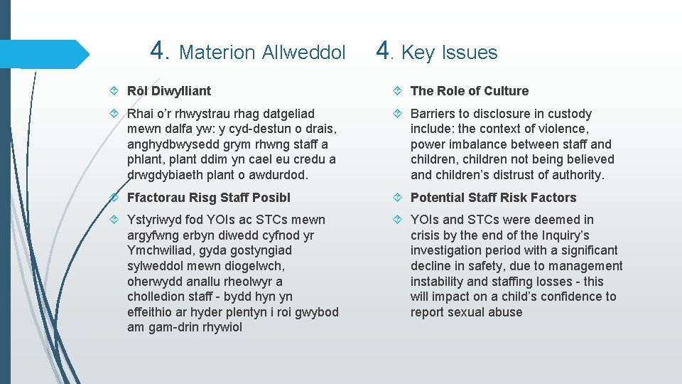 4. Materion Allweddol 4. Key Issues Rôl Diwylliant The Role of Culture Rhai o’r