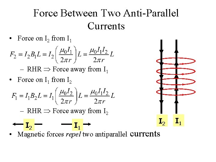Force Between Two Anti-Parallel Currents • Force on I 2 from I 1 –
