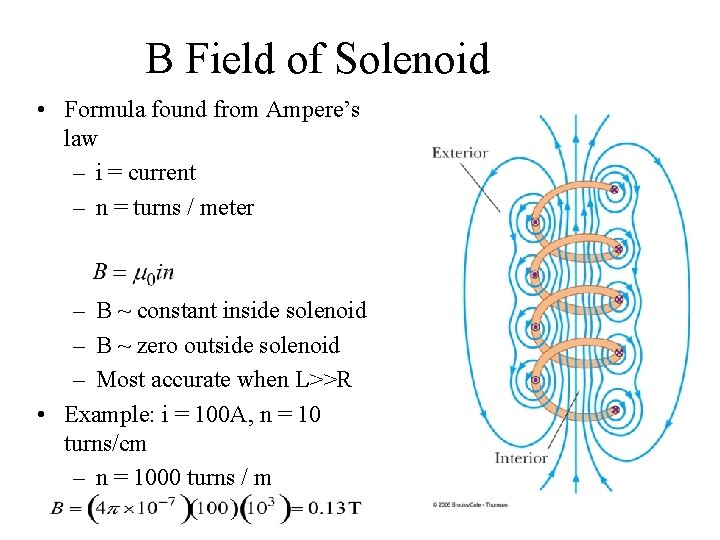 B Field of Solenoid • Formula found from Ampere’s law – i = current