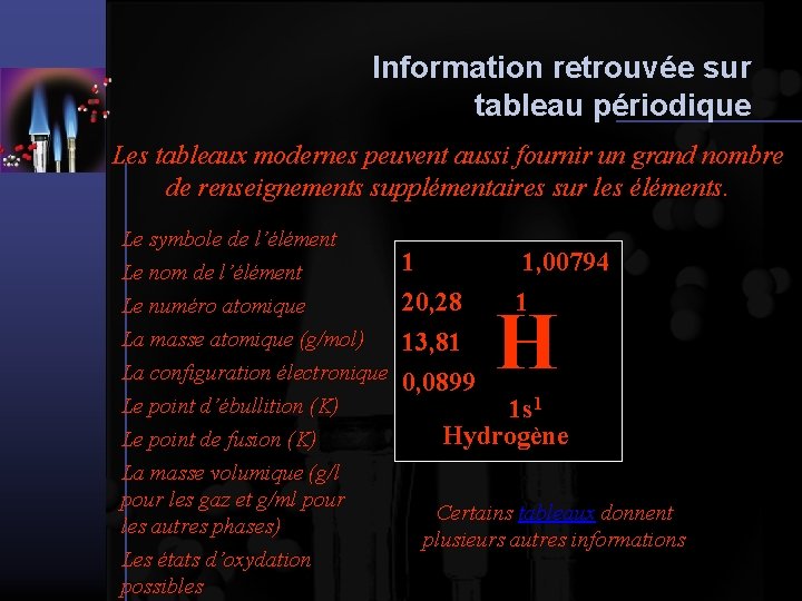 Information retrouvée sur tableau périodique Les tableaux modernes peuvent aussi fournir un grand nombre