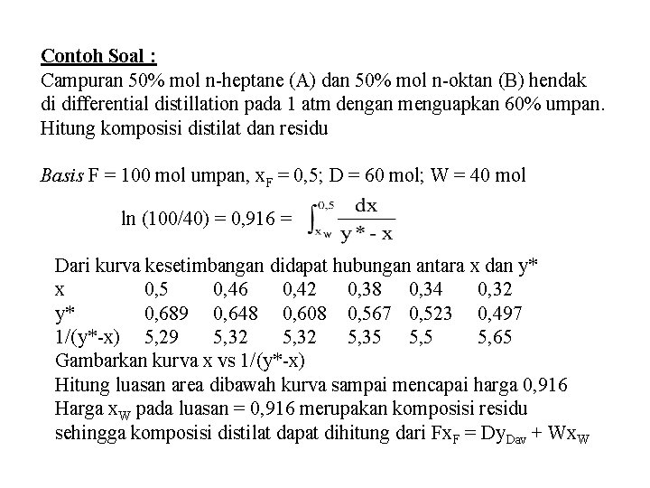 Contoh Soal : Campuran 50% mol n-heptane (A) dan 50% mol n-oktan (B) hendak