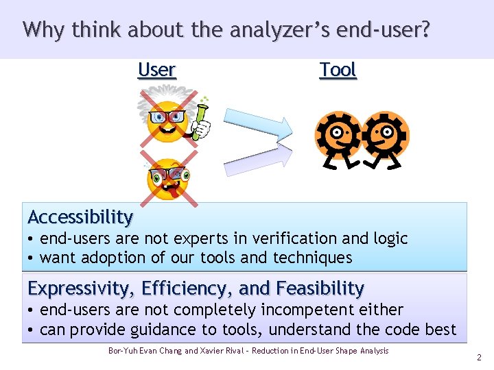 Why think about the analyzer’s end-user? User Tool Accessibility • end-users are not experts