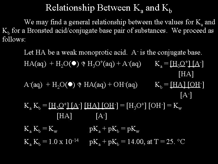 Relationship Between Ka and Kb We may find a general relationship between the values