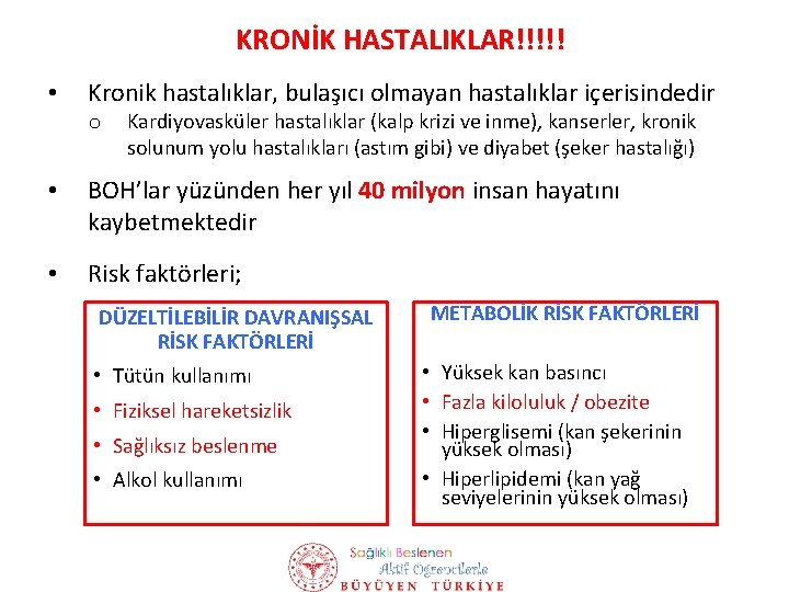 KRONİK HASTALIKLAR!!!!! • Kronik hastalıklar, bulaşıcı olmayan hastalıklar içerisindedir o Kardiyovasküler hastalıklar (kalp krizi