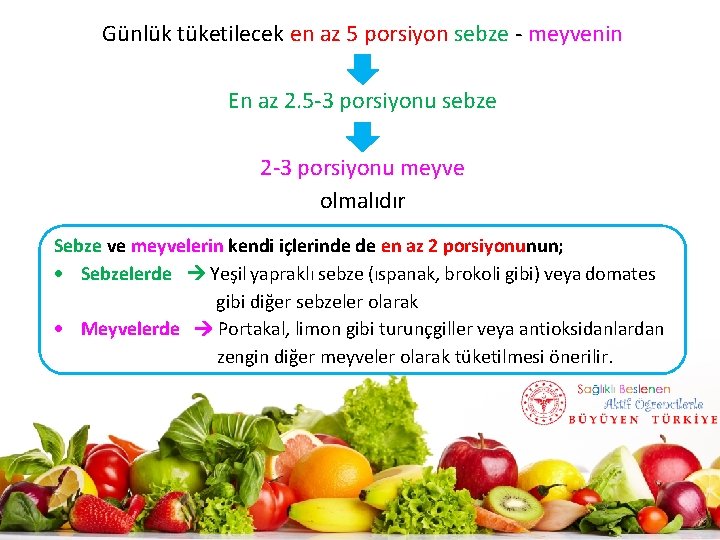 Günlük tüketilecek en az 5 porsiyon sebze - meyvenin En az 2. 5 -3