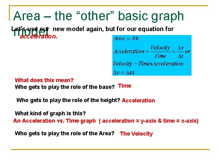 Area – the “other” basic graph Let's use our new model again, but for
