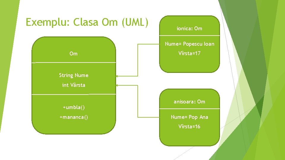 Exemplu: Clasa Om (UML) ionica: Om Nume= Popescu Ioan Om Vîrsta=17 String Nume int