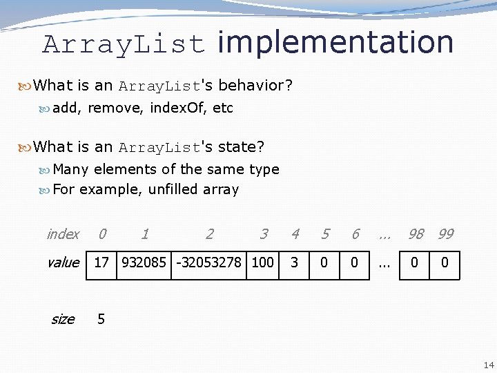 Array. List implementation What is an Array. List's behavior? add, remove, index. Of, etc