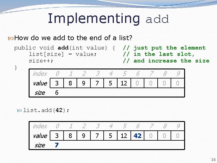 Implementing add How do we add to the end of a list? public void