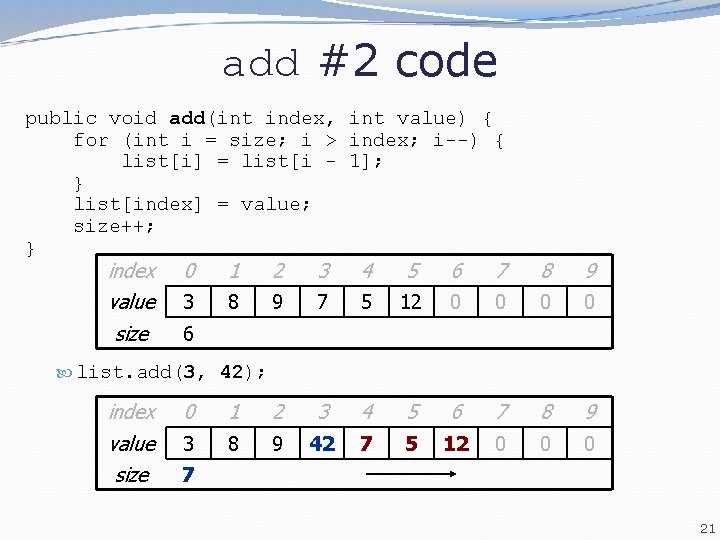 add #2 code public void add(int index, int value) { for (int i =