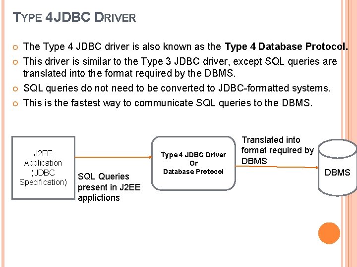 TYPE 4 JDBC DRIVER The Type 4 JDBC driver is also known as the