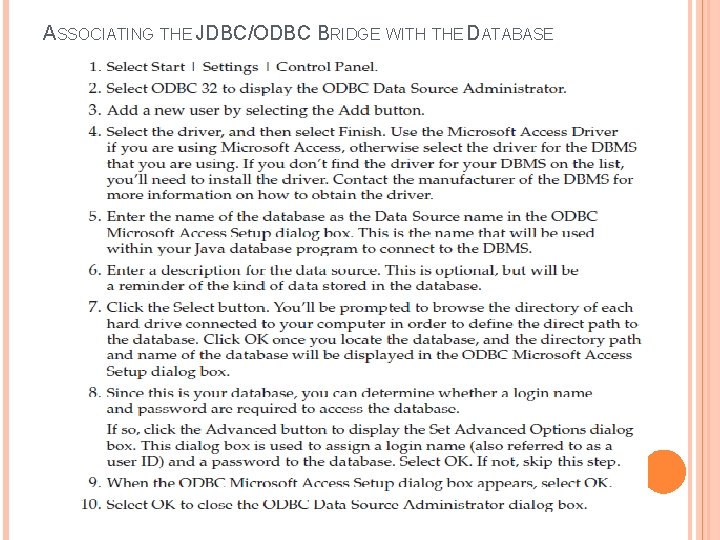 ASSOCIATING THE JDBC/ODBC BRIDGE WITH THE DATABASE 