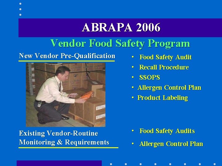 ABRAPA 2006 Vendor Food Safety Program New Vendor Pre-Qualification Existing Vendor-Routine Monitoring & Requirements ABRAPA 2006 Vendor Food Safety Program New Vendor Pre-Qualification Existing Vendor-Routine Monitoring & Requirements
