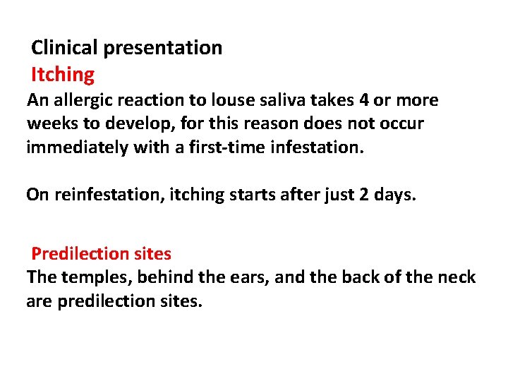 Clinical presentation Itching An allergic reaction to louse saliva takes 4 or more weeks