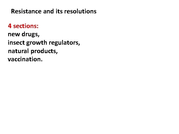 Resistance and its resolutions 4 sections: new drugs, insect growth regulators, natural products, vaccination.