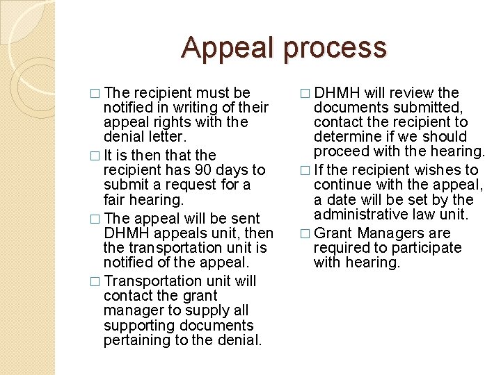 Appeal process � The recipient must be notified in writing of their appeal rights