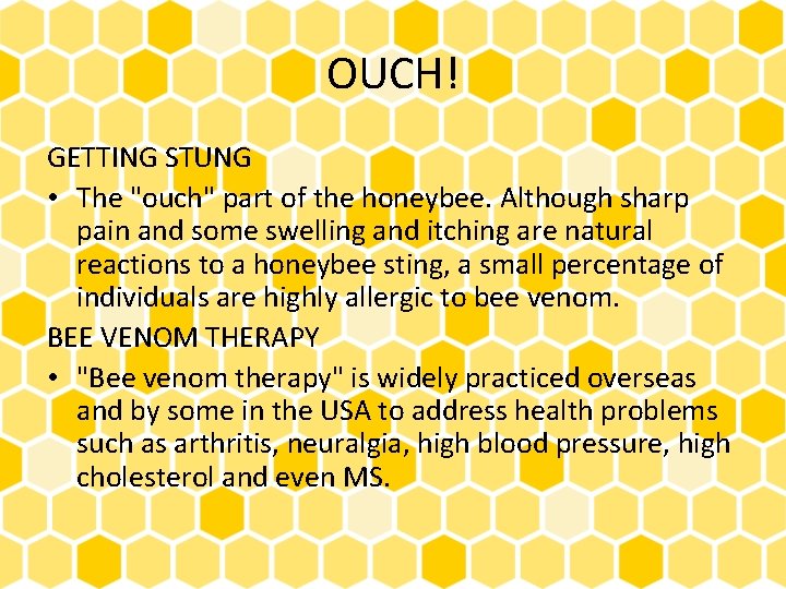 OUCH! GETTING STUNG • The "ouch" part of the honeybee. Although sharp pain and