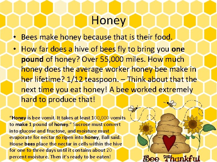 Honey • Bees make honey because that is their food. • How far does