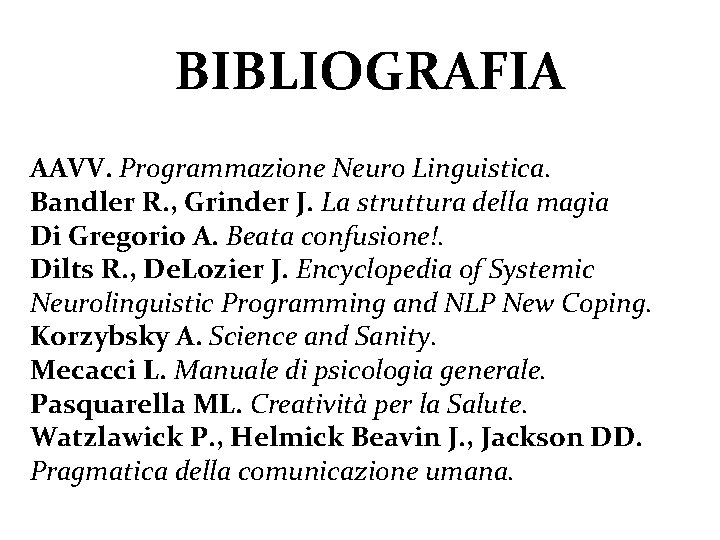 BIBLIOGRAFIA AAVV. Programmazione Neuro Linguistica. Bandler R. , Grinder J. La struttura della magia