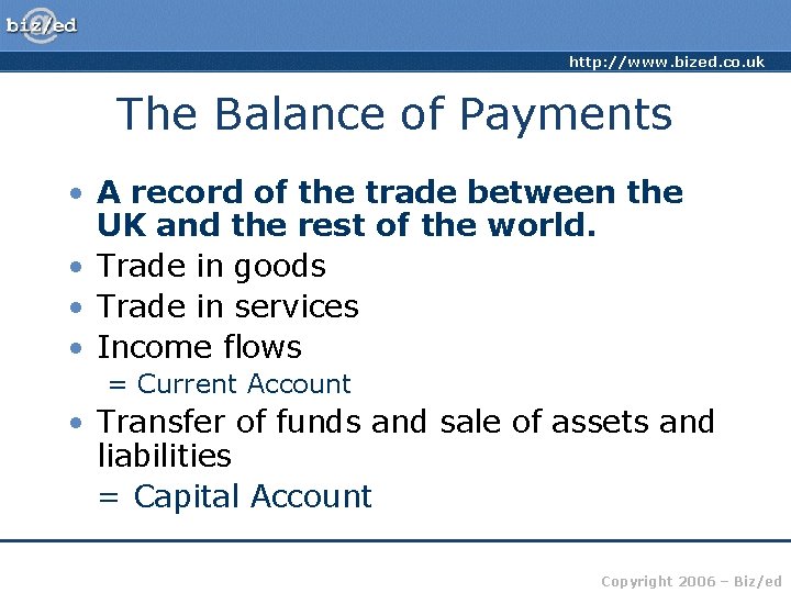 http: //www. bized. co. uk The Balance of Payments • A record of the