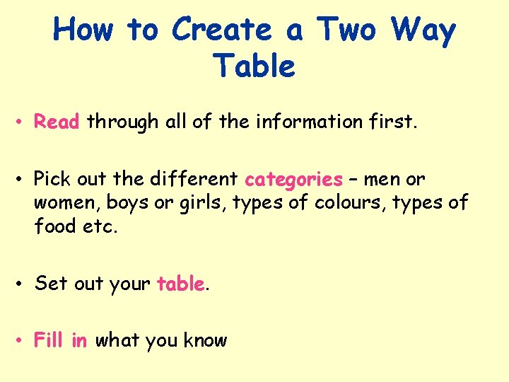 How to Create a Two Way Table • Read through all of the information