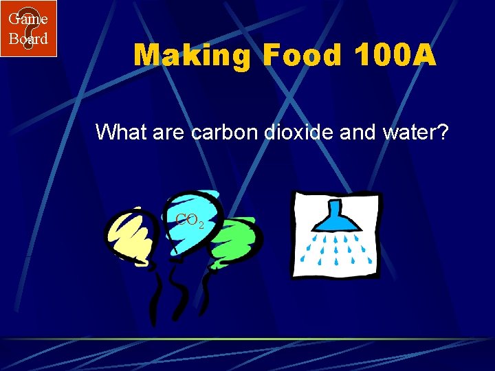 Game Board Making Food 100 A What are carbon dioxide and water? CO 2
