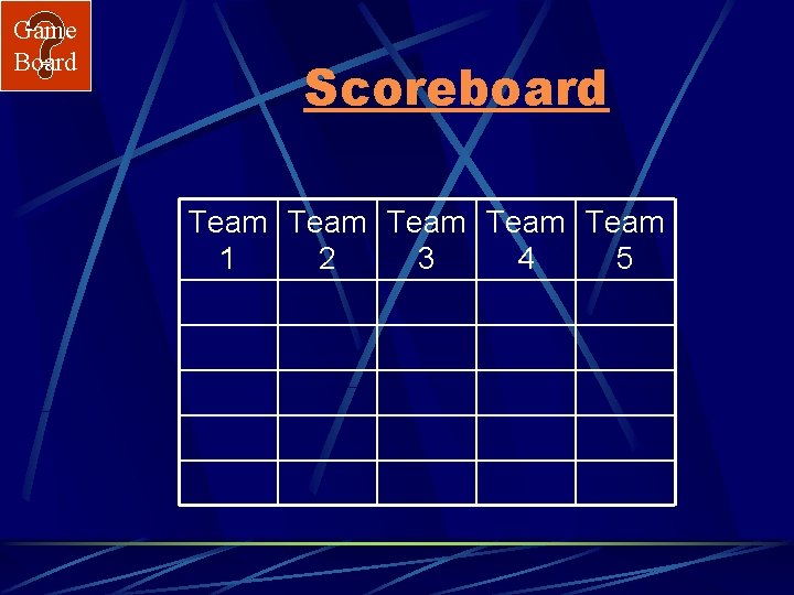Game Board Scoreboard Team Team 1 2 3 4 5 