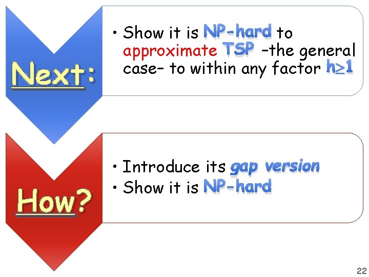 Next: How? • Show it is NP-hard to approximate TSP –the general case– to