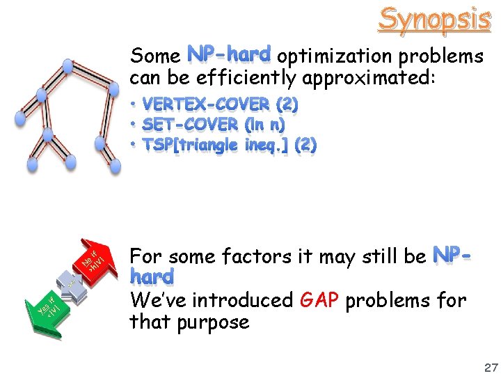 Synopsis Some NP-hard optimization problems can be efficiently approximated: • VERTEX-COVER (2) • SET-COVER