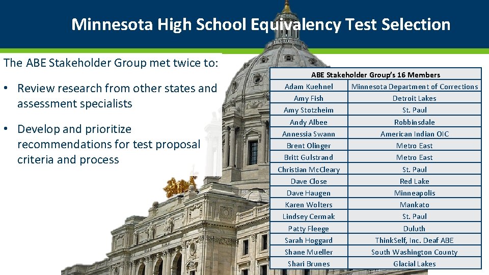 Minnesota High School Equivalency Test Selection The ABE Stakeholder Group met twice to: •