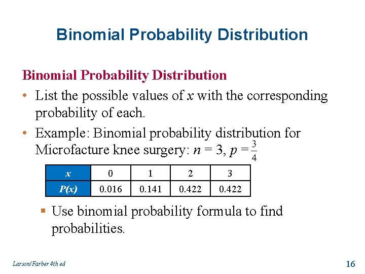 Binomial Probability Distribution • List the possible values of x with the corresponding probability