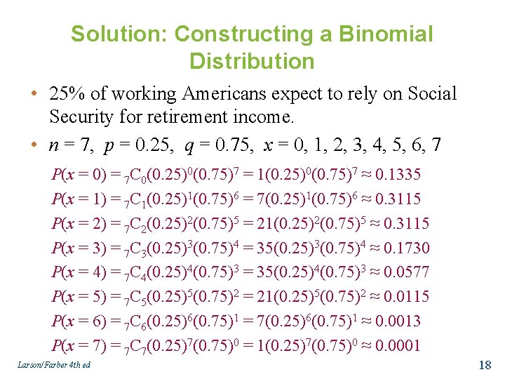 Solution: Constructing a Binomial Distribution • 25% of working Americans expect to rely on
