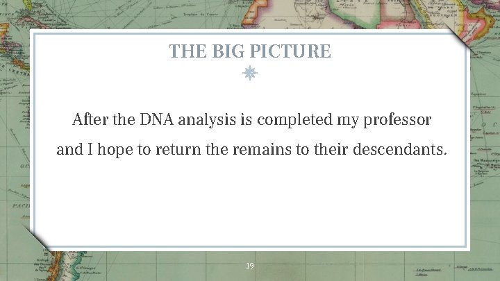 THE BIG PICTURE After the DNA analysis is completed my professor and I hope