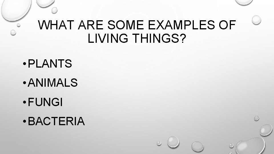 WHAT ARE SOME EXAMPLES OF LIVING THINGS? • PLANTS • ANIMALS • FUNGI •