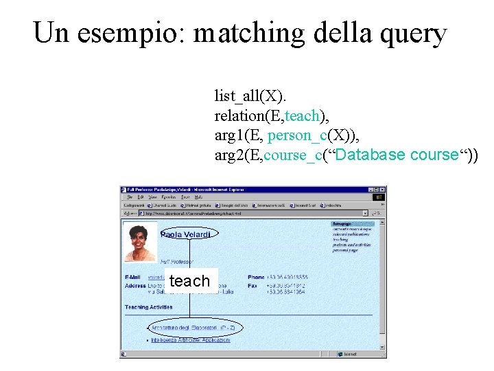 Un esempio: matching della query list_all(X). relation(E, teach), arg 1(E, person_c(X)), arg 2(E, course_c(“Database