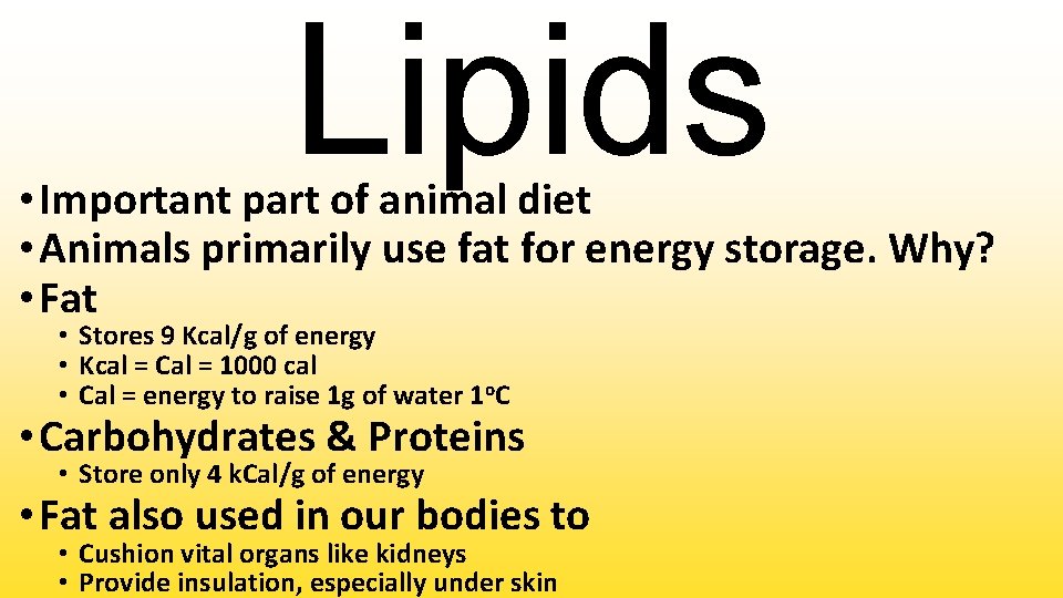 Lipids • Important part of animal diet • Animals primarily use fat for energy