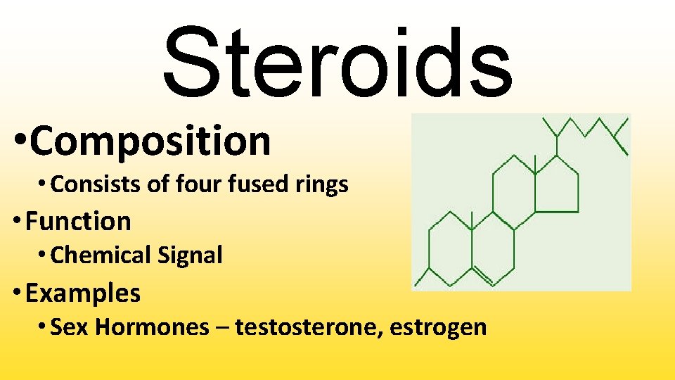 Steroids • Composition • Consists of four fused rings • Function • Chemical Signal