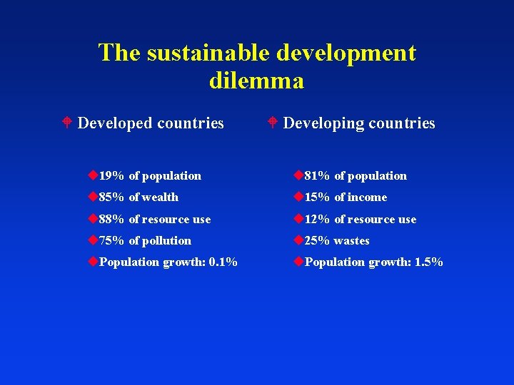 The sustainable development dilemma Developed countries Developing countries 19% of population 81% of population