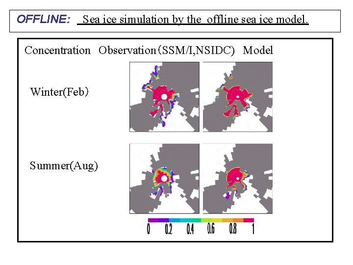 OFFLINE: Sea ice simulation by the offline sea ice model. Concentration Observation（SSM/I, NSIDC) Model