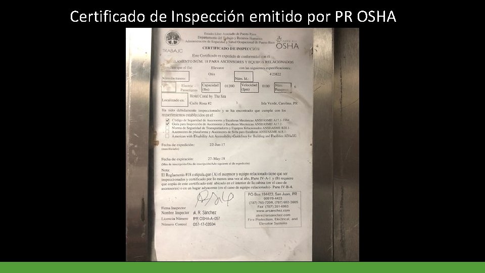 Certificado de Inspección emitido por PR OSHA 