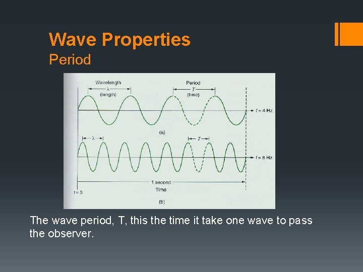 Wave Properties Period The wave period, T, this the time it take one wave