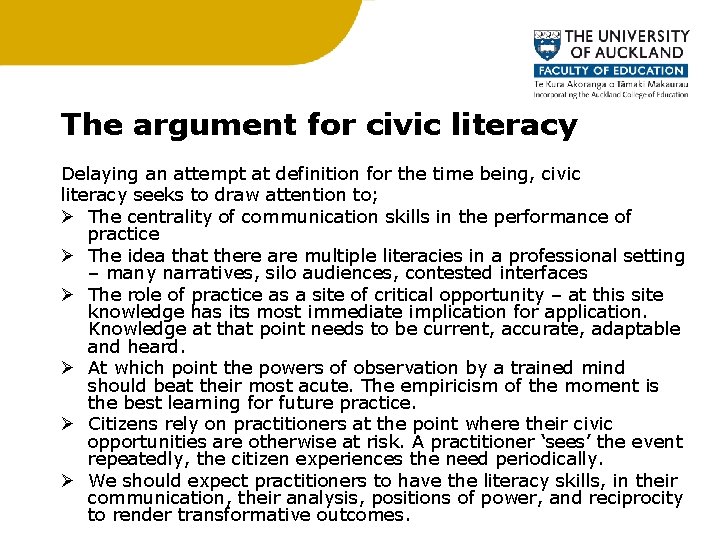 The argument for civic literacy Delaying an attempt at definition for the time being,