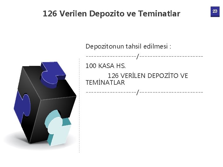 126 Verilen Depozito ve Teminatlar Depozitonun tahsil edilmesi : ----------/------------100 KASA HS. 126 VERİLEN