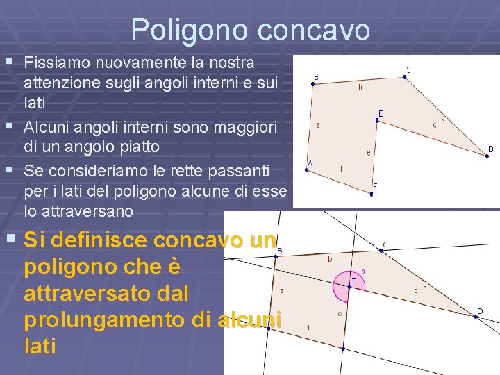 Poligono concavo § Fissiamo nuovamente la nostra attenzione sugli angoli interni e sui lati Poligono concavo § Fissiamo nuovamente la nostra attenzione sugli angoli interni e sui lati