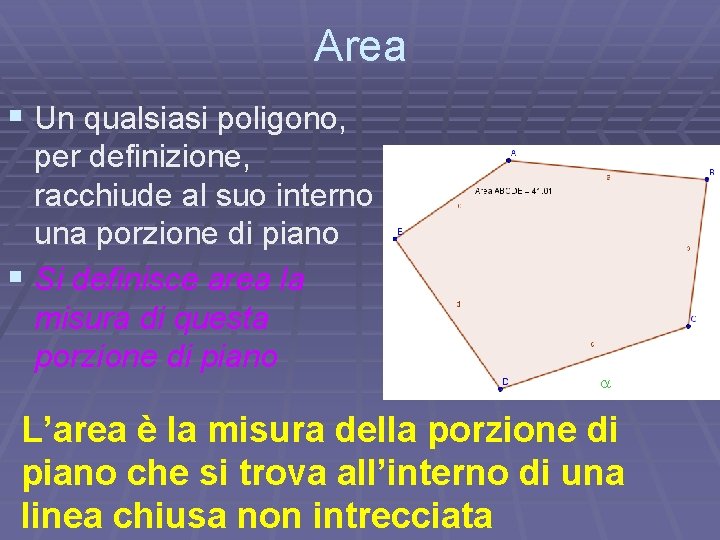 Area § Un qualsiasi poligono, per definizione, racchiude al suo interno una porzione di Area § Un qualsiasi poligono, per definizione, racchiude al suo interno una porzione di