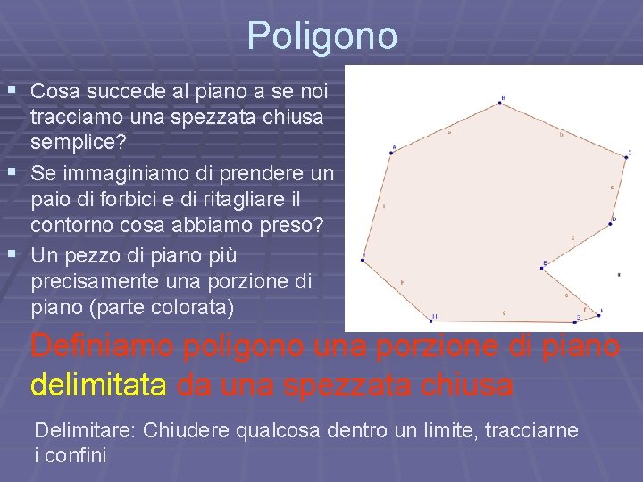Poligono § Cosa succede al piano a se noi tracciamo una spezzata chiusa semplice? Poligono § Cosa succede al piano a se noi tracciamo una spezzata chiusa semplice?
