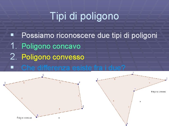 Tipi di poligono § 1. 2. § Possiamo riconoscere due tipi di poligoni Poligono Tipi di poligono § 1. 2. § Possiamo riconoscere due tipi di poligoni Poligono